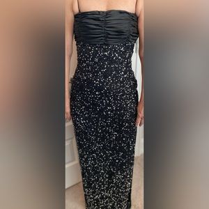 Scala Floor Length Black Sequined Gown with Silk Bodice, Size Med (fits smaller)